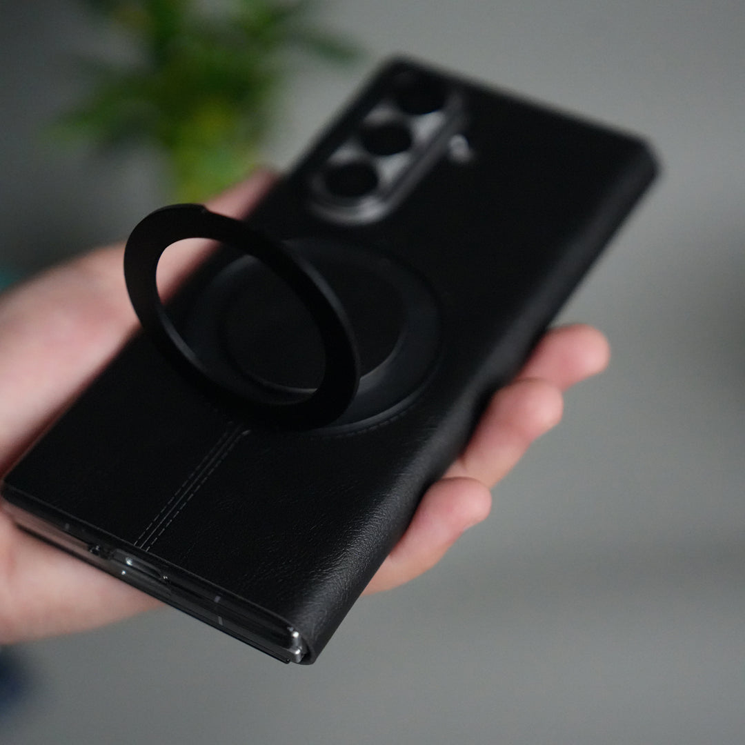 Galaxy Z Fold 5 Luxury Leather Rotating Ring Stand Case