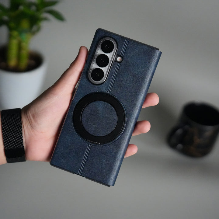 Galaxy Z Fold 5 Luxury Leather Rotating Ring Stand Case