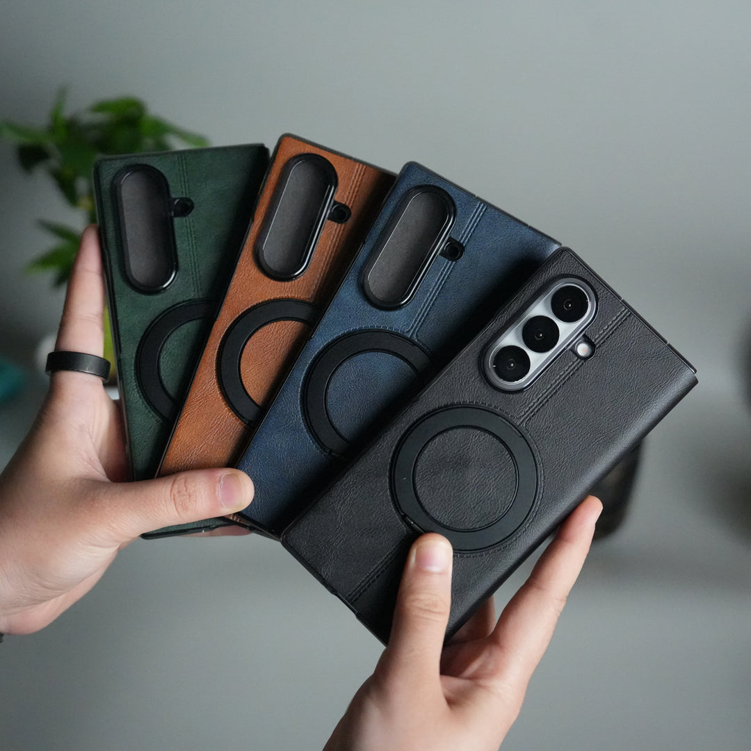 Galaxy Z Fold 5 Luxury Leather Rotating Ring Stand Case