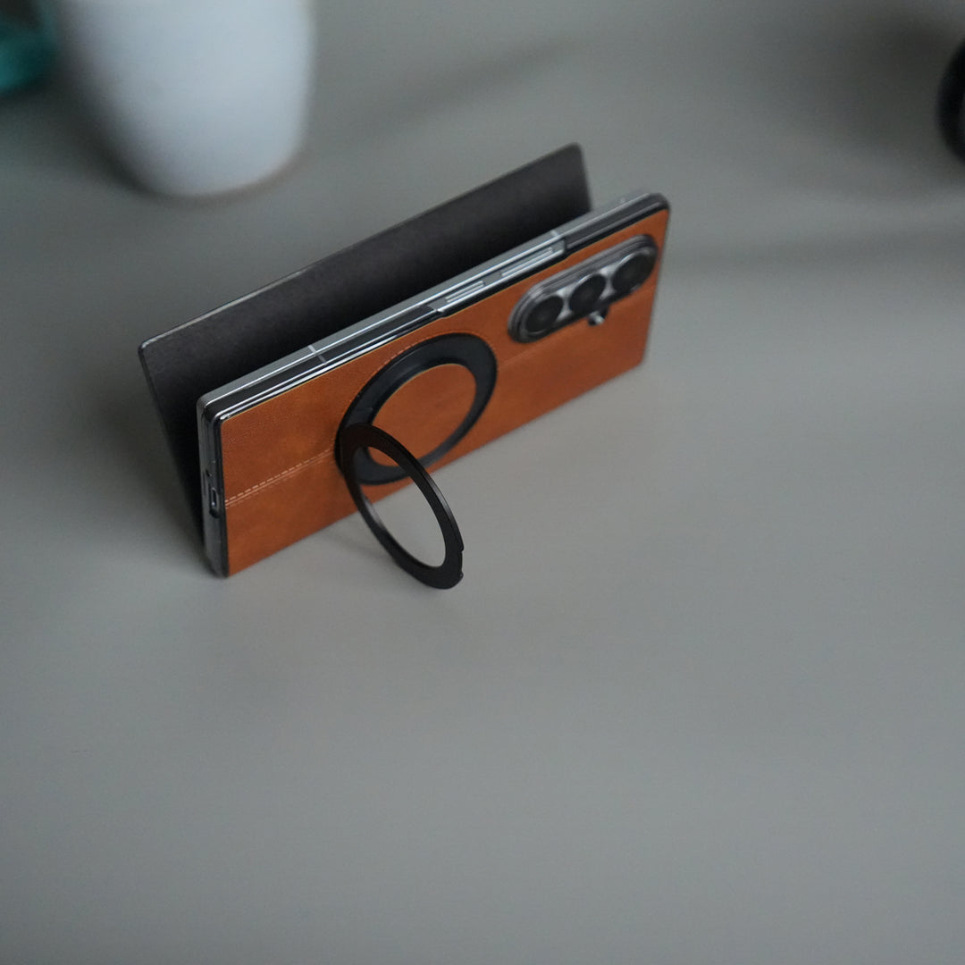 Galaxy Z Fold 5 Luxury Leather Rotating Ring Stand Case