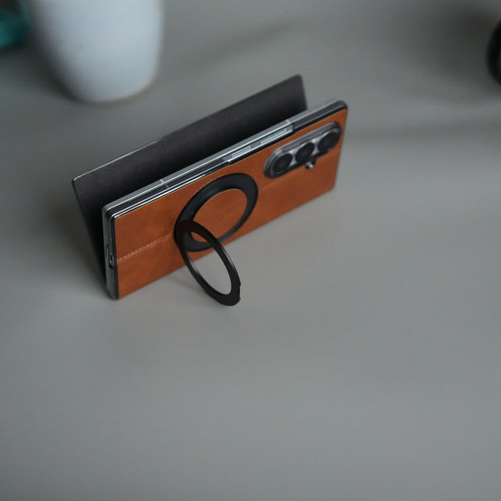 Galaxy Z Fold 5 Luxury Leather Rotating Ring Stand Case