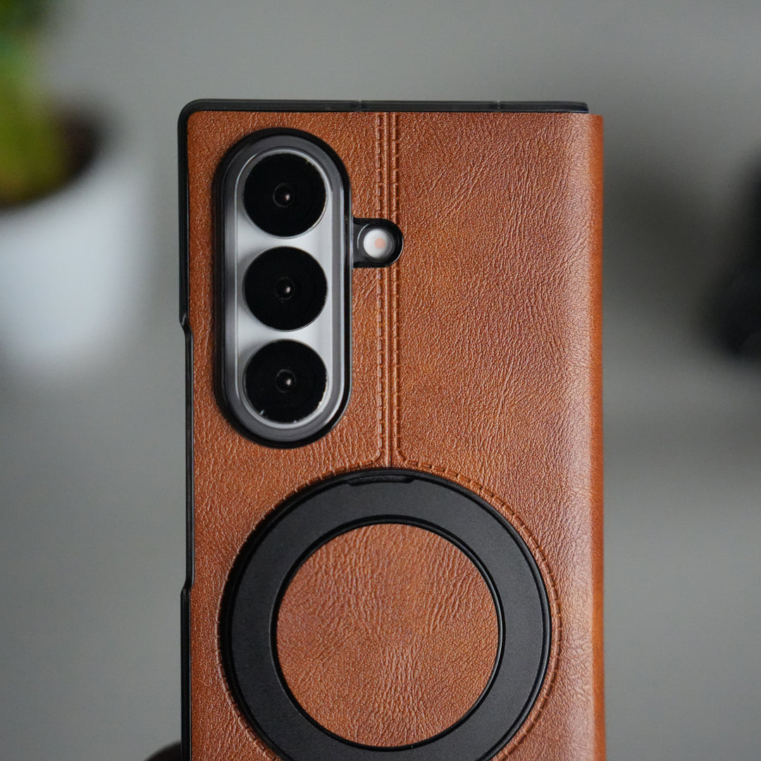 Galaxy Z Fold 5 Luxury Leather Rotating Ring Stand Case