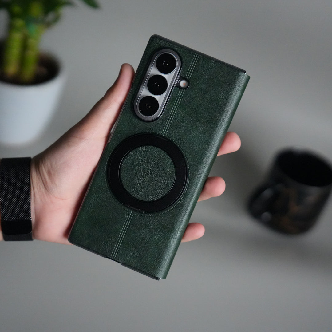 Galaxy Z Fold 5 Luxury Leather Rotating Ring Stand Case