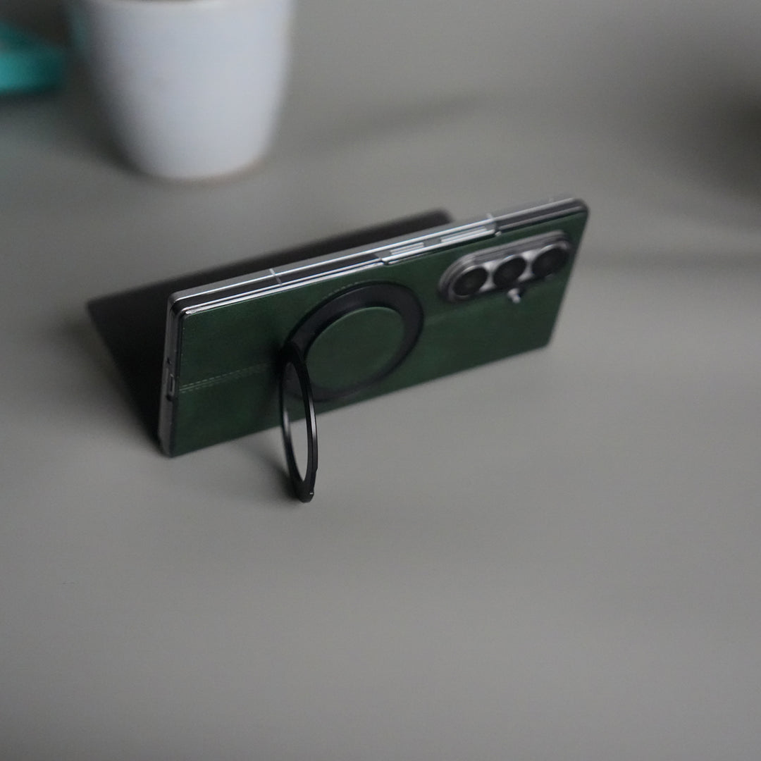 Galaxy Z Fold 5 Luxury Leather Rotating Ring Stand Case