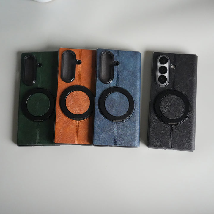 Galaxy Z Fold 5 Luxury Leather Rotating Ring Stand Case