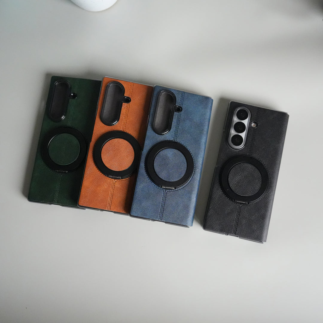 Galaxy Z Fold 5 Luxury Leather Rotating Ring Stand Case