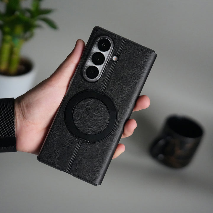 Galaxy Z Fold 5 Luxury Leather Rotating Ring Stand Case