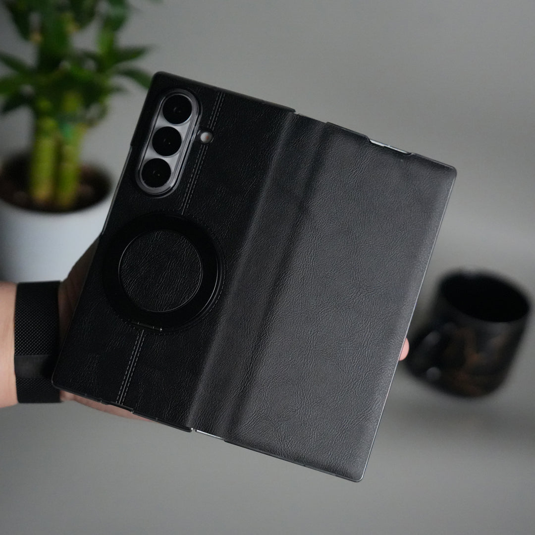 Galaxy Z Fold 5 Luxury Leather Rotating Ring Stand Case