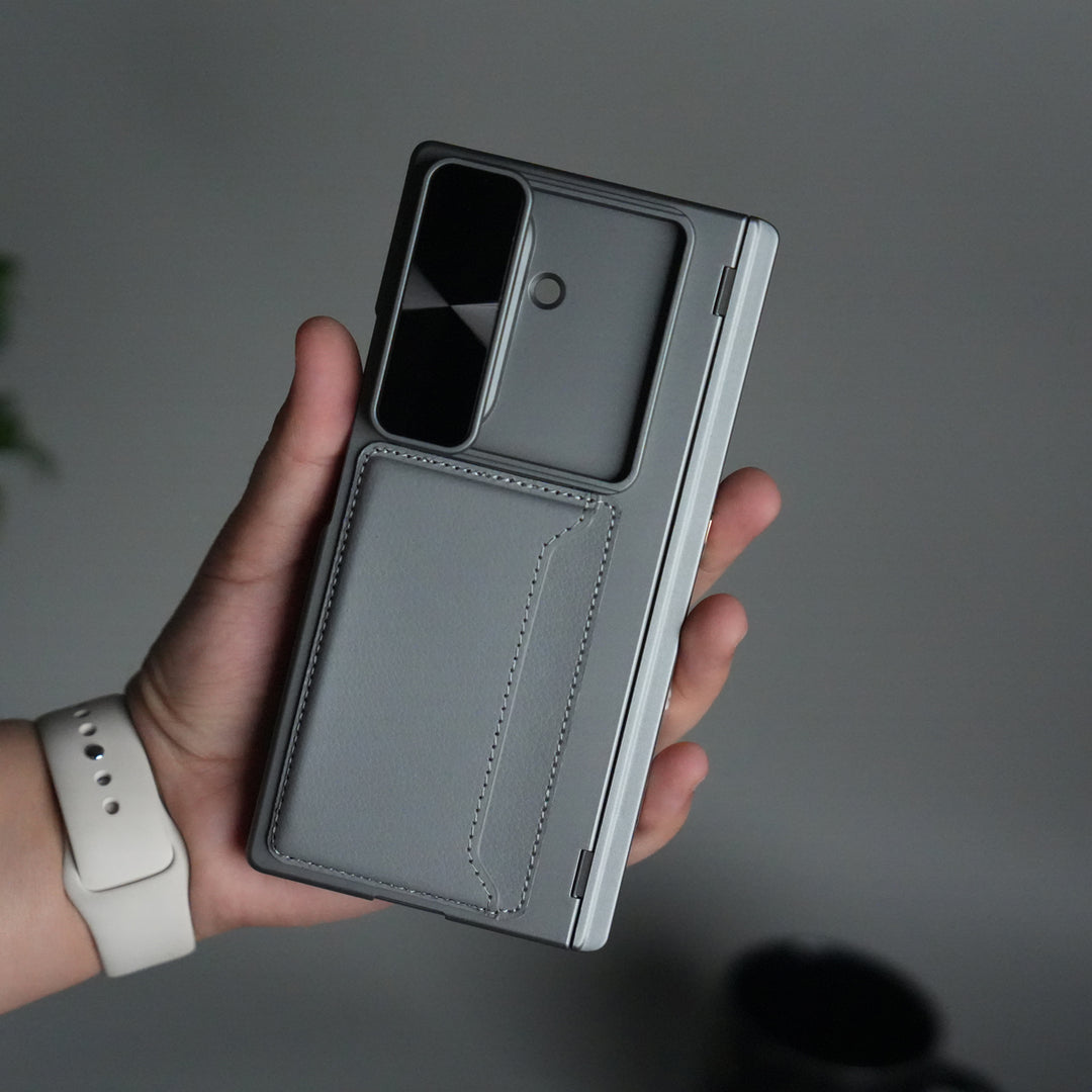 Galaxy Z Fold 7 Camera Shutter Case | Slim Hard Back Cover with Card Holder & Hinge Kickstand | Shockproof Protective Case