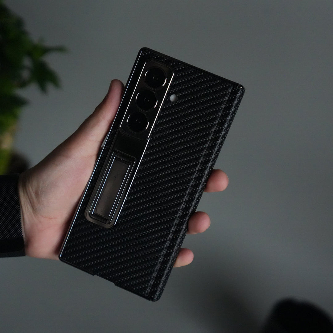 Galaxy Z Fold 7 Carbon Fiber Texture Case with Front Glass Protection | Chrome Plated Frame & Kick Stand