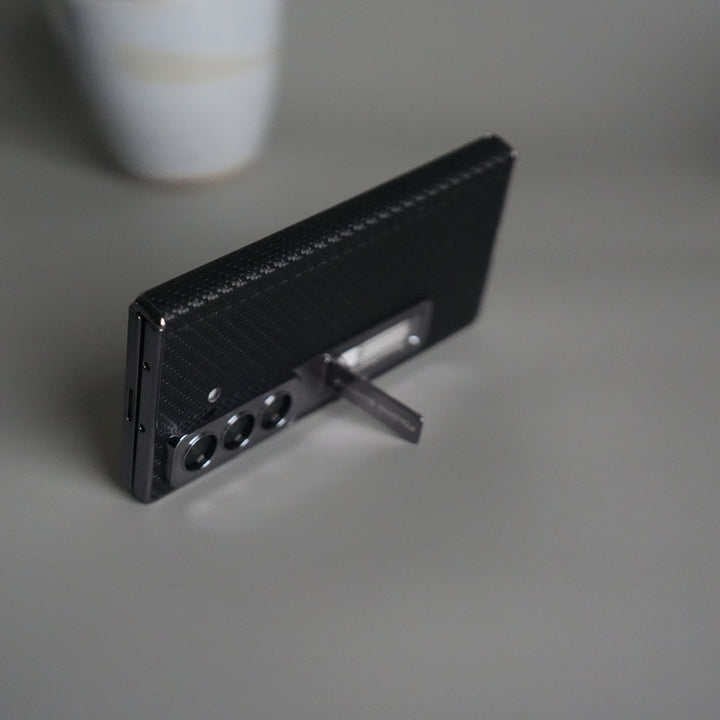 Galaxy Z Fold 7 Carbon Fiber Texture Case with Front Glass Protection | Chrome Plated Frame & Kick Stand