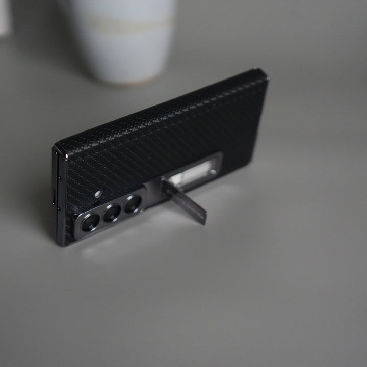 Galaxy Z Fold 7 Carbon Fiber Texture Case with Front Glass Protection | Chrome Plated Frame & Kick Stand