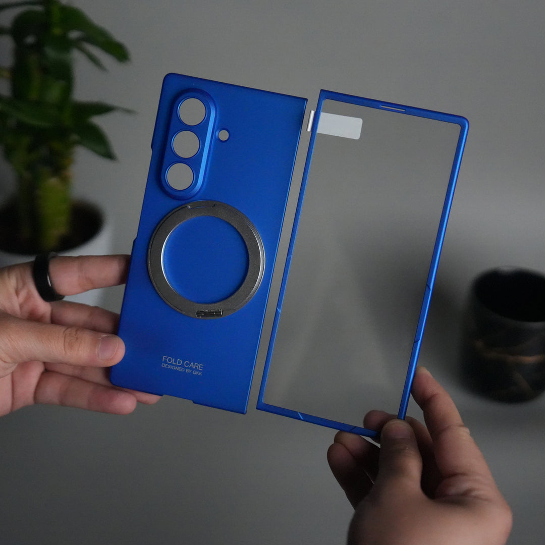 Galaxy Z Fold 7 Metal Ring Kickstand Case with Front Glass | Matte Hard Back Cover | BLUE