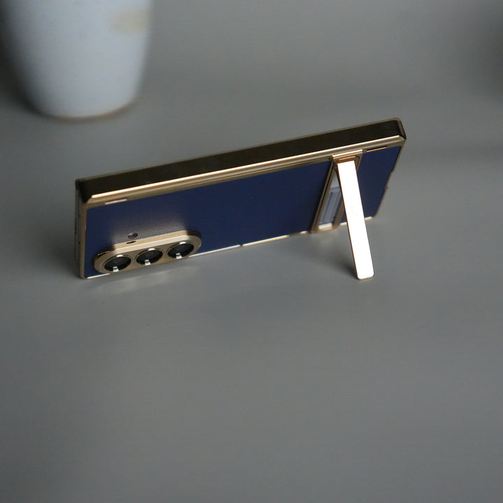 Galaxy Z Fold 7 PU Leather Case with Chrome-Plated Hinge & Kickstand Front Glass Cover | BLUE