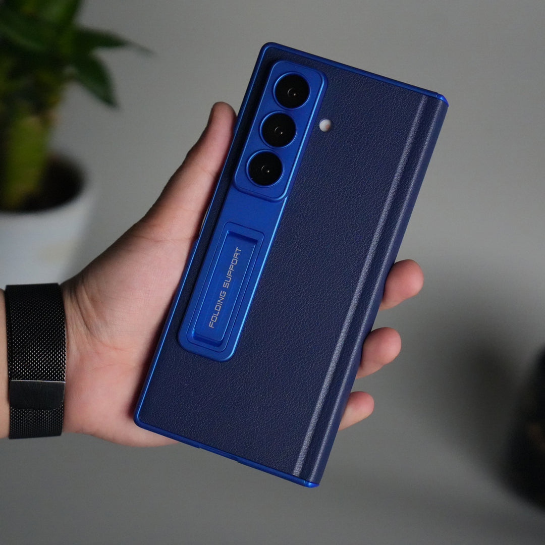 Galaxy Z Fold 7 PU Leather Kickstand Case with Front Glass | Hinge Protection | Slim Matte Hard Back Cover | BLUE