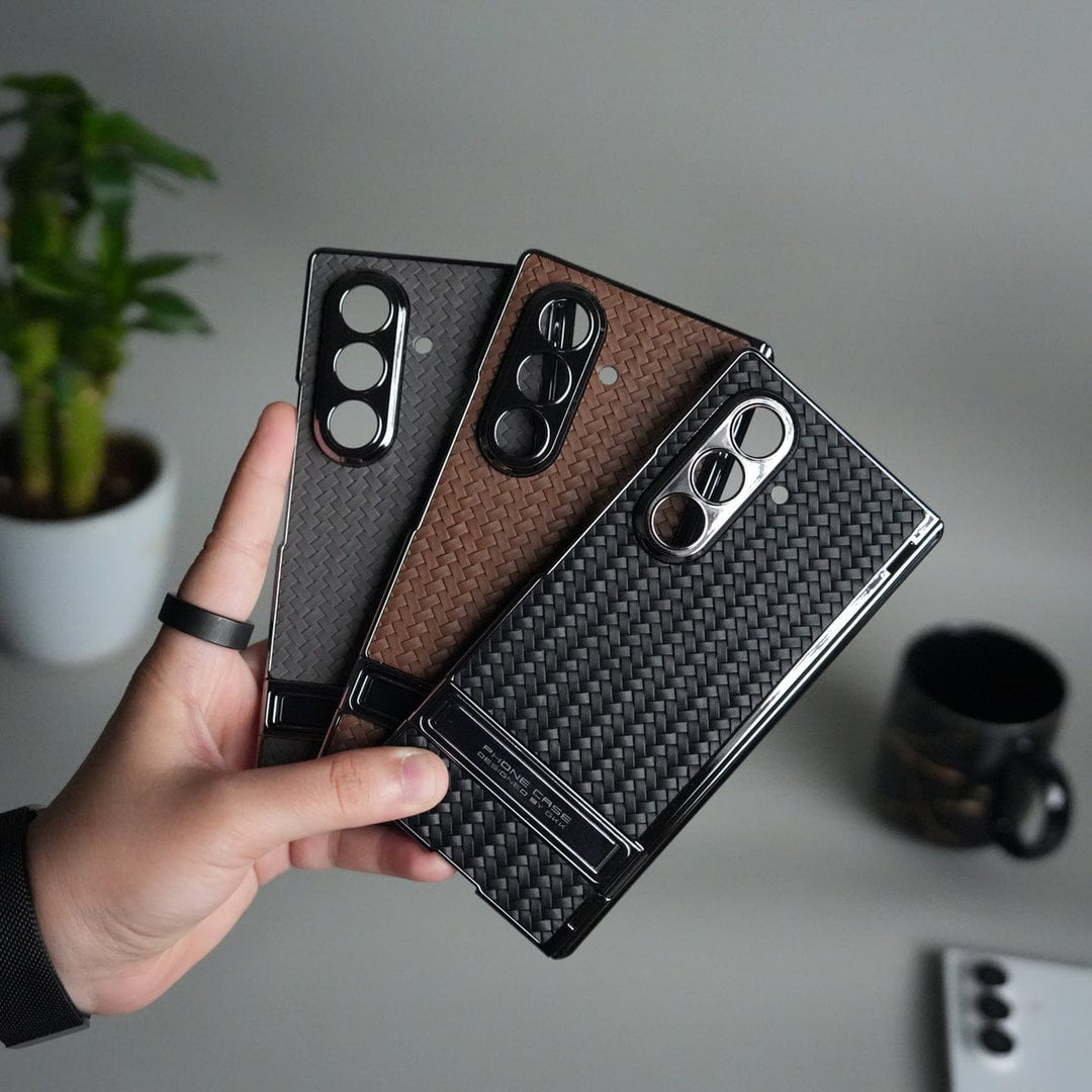 Galaxy Z Fold 7 PU Weave Leather Chrome Kick Stand Back Cover | Front Glass Protection