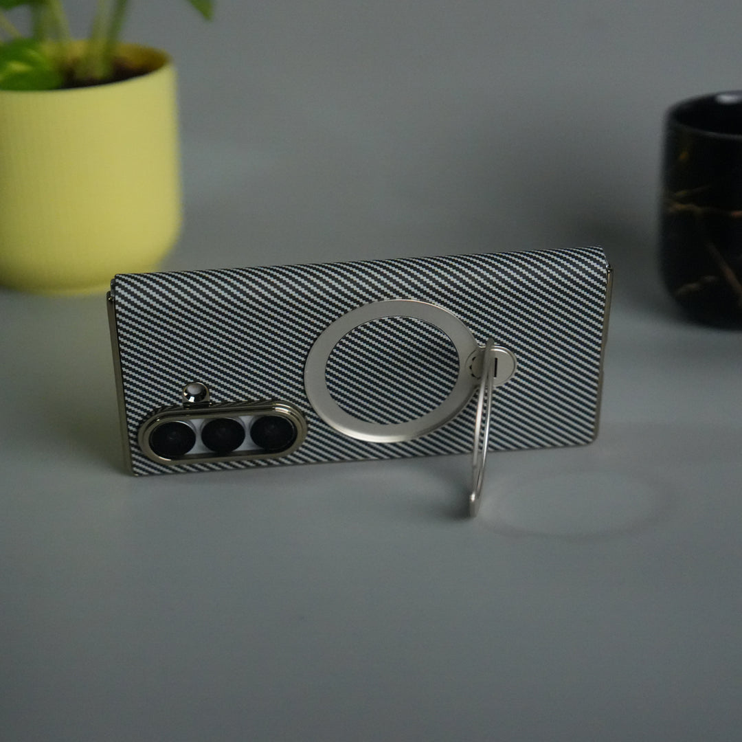 Galaxy Z Fold 7 Premium Carbon-Texture Ring Stand Flip Case | Metal Kickstand | Slim & Protective Cover