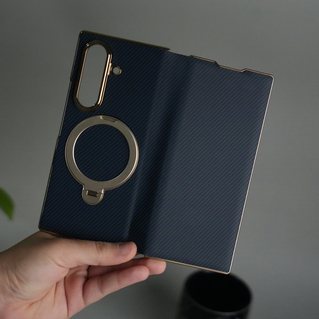 Galaxy Z Fold 7 Premium Carbon-Texture Ring Stand Flip Case | Metal Kickstand | Slim & Protective Cover 