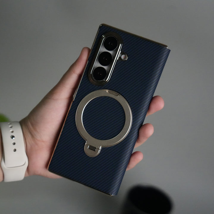 Galaxy Z Fold 7 Premium Carbon-Texture Ring Stand Flip Case | Metal Kickstand | Slim & Protective Cover