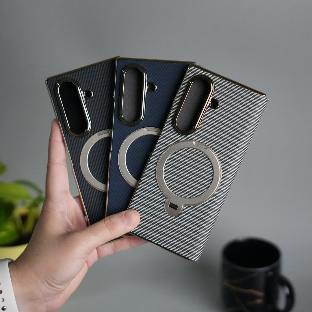 Galaxy Z Fold 7 Premium Carbon-Texture Ring Stand Flip Case | Metal Kickstand | Slim & Protective Cover