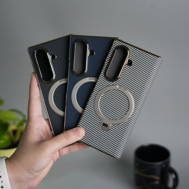 Galaxy Z Fold 7 Premium Carbon-Texture Ring Stand Flip Case | Metal Kickstand | Slim & Protective Cover
