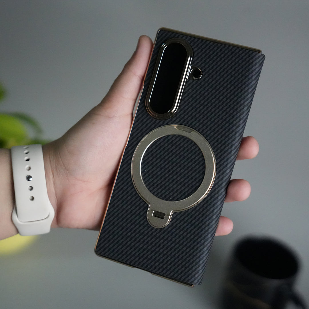 Galaxy Z Fold 7 Premium Carbon-Texture Ring Stand Flip Case | Metal Kickstand | Slim & Protective Cover