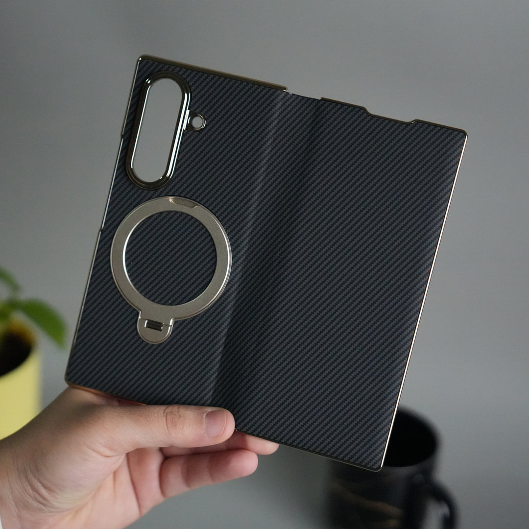 Galaxy Z Fold 7 Premium Carbon-Texture Ring Stand Flip Case | Metal Kickstand | Slim & Protective Cover