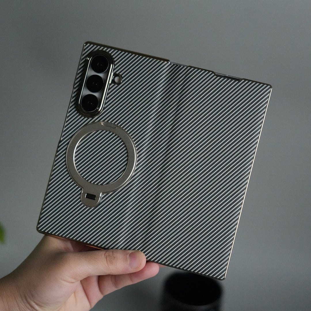 Galaxy Z Fold 7 Premium Carbon-Texture Ring Stand Flip Case | Metal Kickstand | Slim & Protective Cover