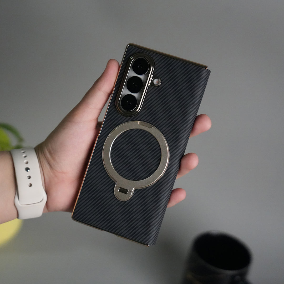 Galaxy Z Fold 7 Premium Carbon-Texture Ring Stand Flip Case | Metal Kickstand | Slim & Protective Cover