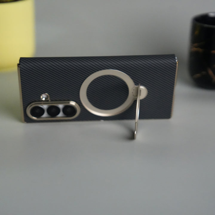 Galaxy Z Fold 7 Premium Carbon-Texture Ring Stand Flip Case | Metal Kickstand | Slim & Protective Cover 