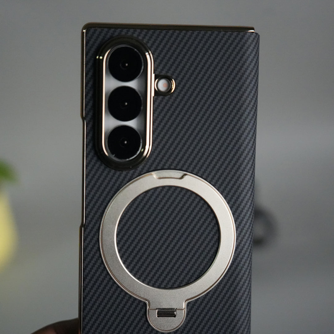 Galaxy Z Fold 7 Premium Carbon-Texture Ring Stand Flip Case | Metal Kickstand | Slim & Protective Cover