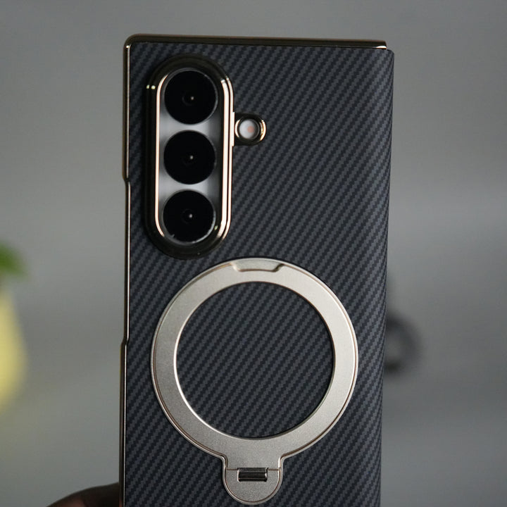 Galaxy Z Fold 7 Premium Carbon-Texture Ring Stand Flip Case | Metal Kickstand | Slim & Protective Cover