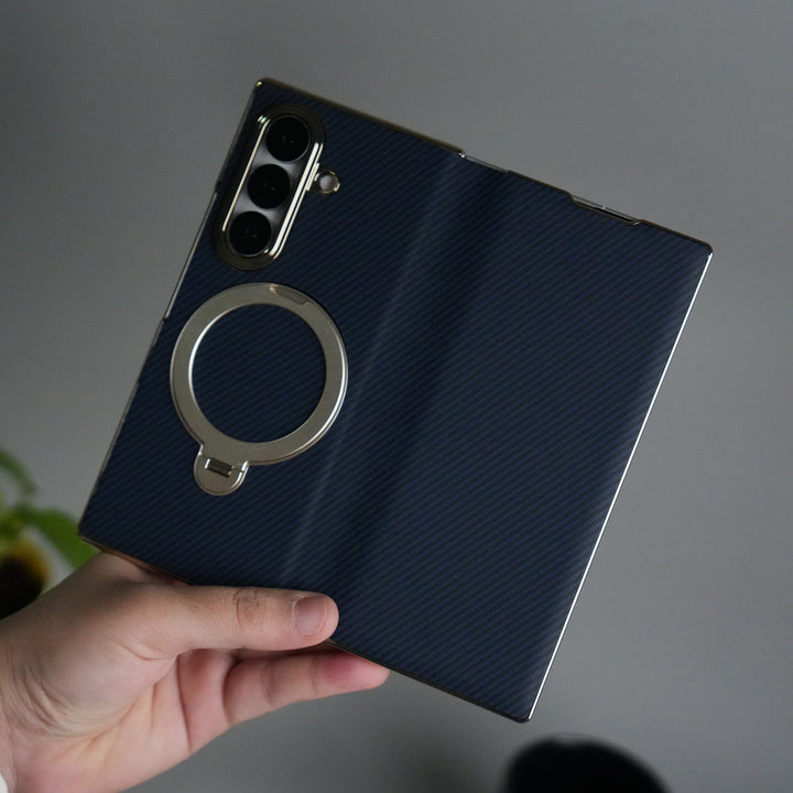 Galaxy Z Fold 7 Premium Carbon-Texture Ring Stand Flip Case | Metal Kickstand | Slim & Protective Cover