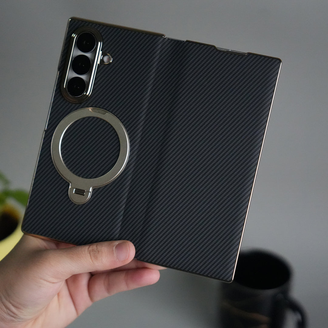 Galaxy Z Fold 7 Premium Carbon-Texture Ring Stand Flip Case | Metal Kickstand | Slim & Protective Cover