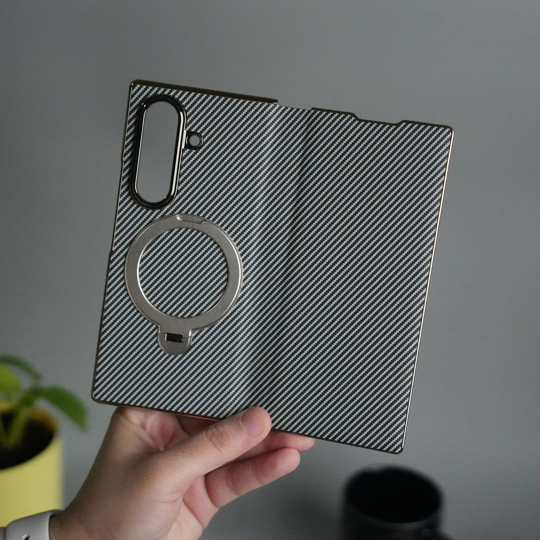 Galaxy Z Fold 7 Premium Carbon-Texture Ring Stand Flip Case | Metal Kickstand | Slim & Protective Cover