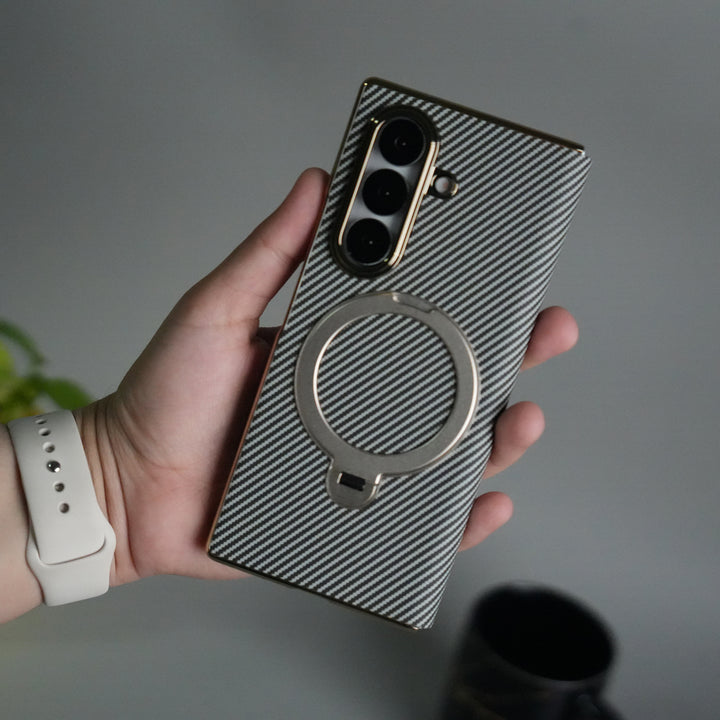 Galaxy Z Fold 7 Premium Carbon-Texture Ring Stand Flip Case | Metal Kickstand | Slim & Protective Cover