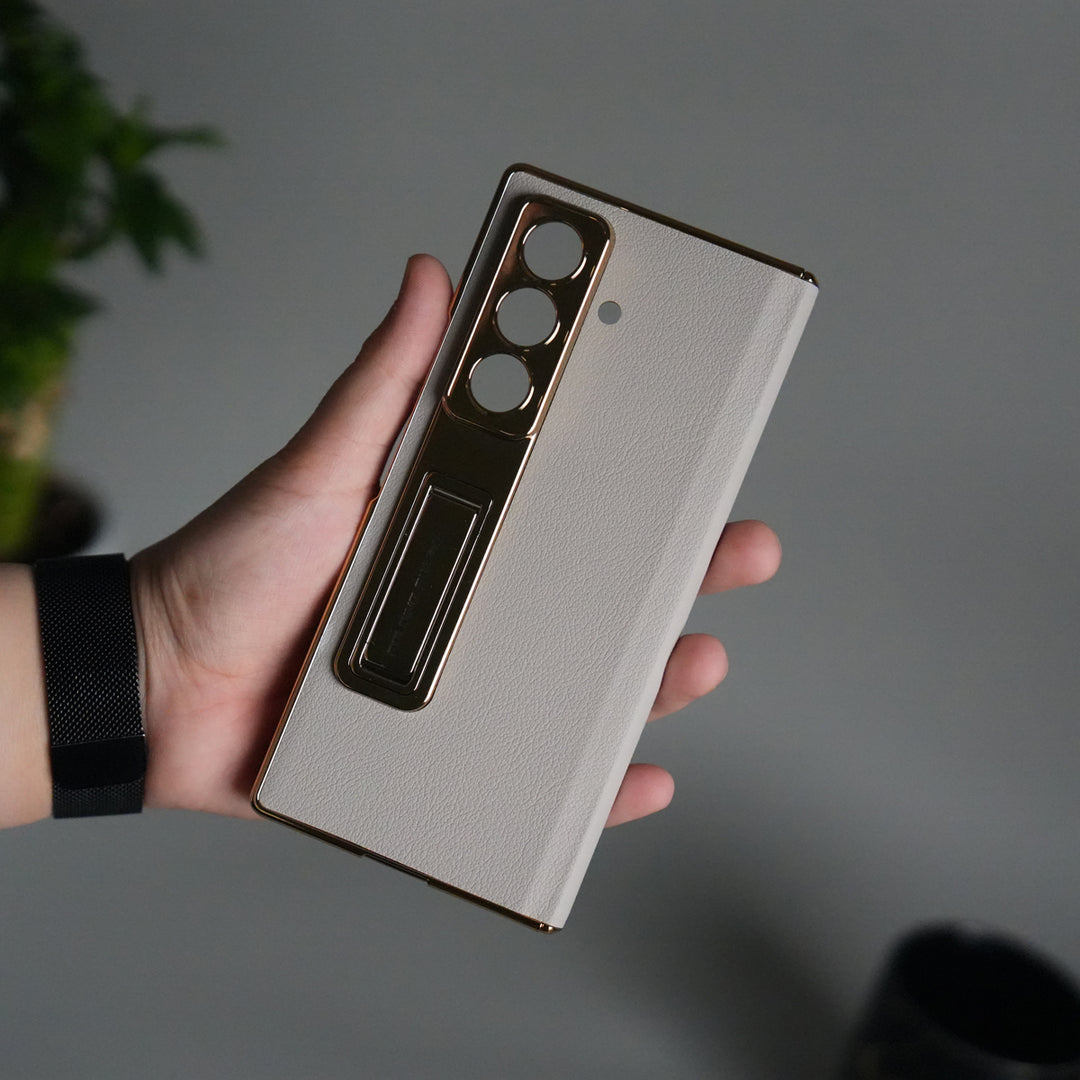 Galaxy Z Fold 7 Premium Leather Case | Front Glass | Gold Plated Camera Frame with Kickstand