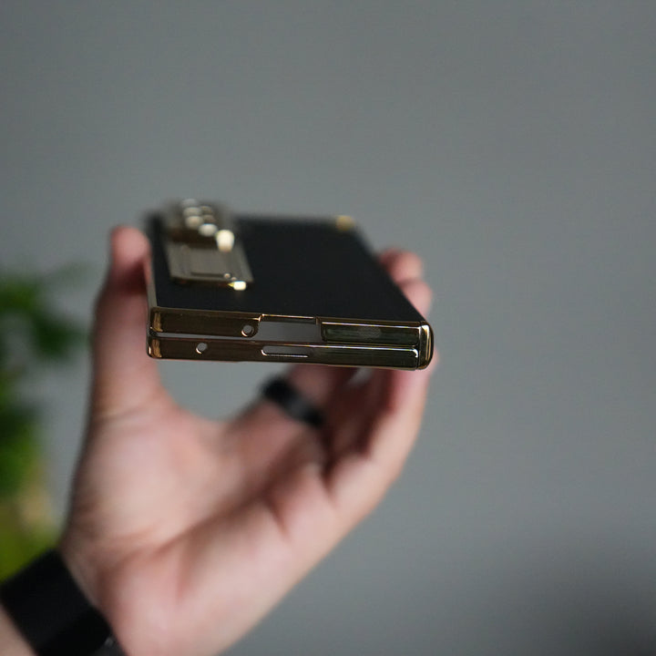 Galaxy Z Fold 7 Premium Leather Case | Front Glass | Gold Plated Camera Frame with Kickstand