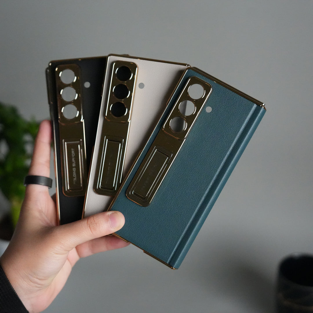Galaxy Z Fold 7 Premium Leather Case | Front Glass | Gold Plated Camera Frame with Kickstand