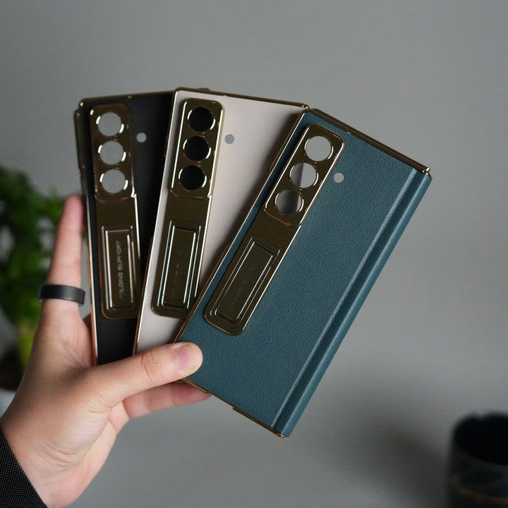 Galaxy Z Fold 7 Premium Leather Case | Front Glass | Gold Plated Camera Frame with Kickstand