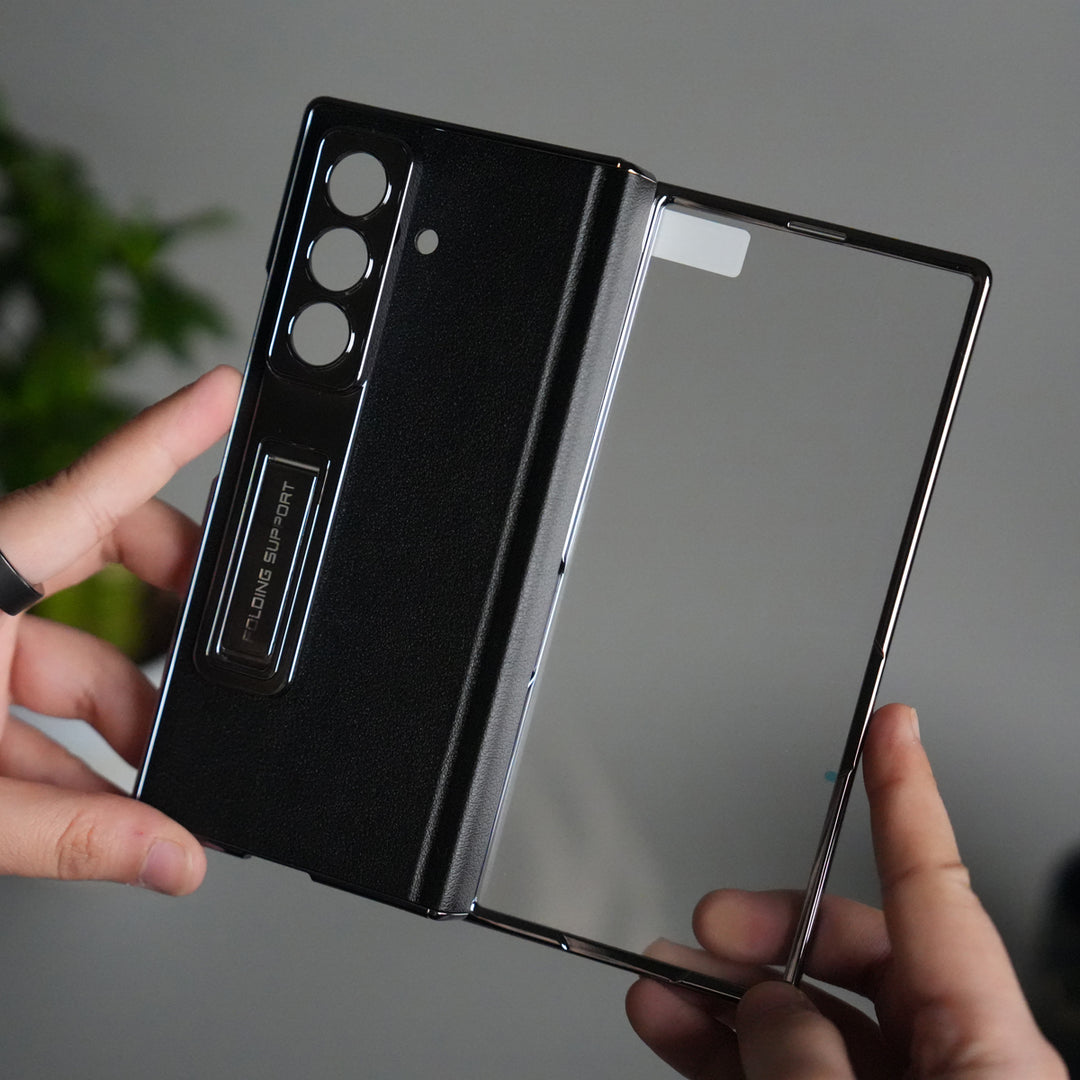 Galaxy Z Fold 7 Premium Leather Case | Front Glass | Silver Plated Camera Frame with Kickstand (Copy)