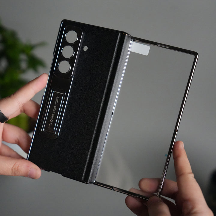 Galaxy Z Fold 7 Premium Leather Case | Front Glass | Silver Plated Camera Frame with Kickstand (Copy)