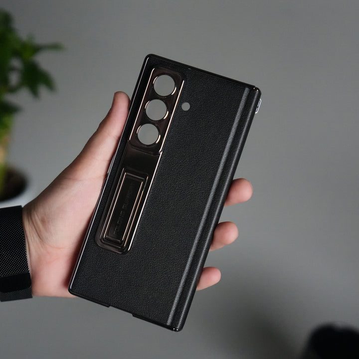 Galaxy Z Fold 7 Premium Leather Case | Front Glass | Silver Plated Camera Frame with Kickstand (Copy)