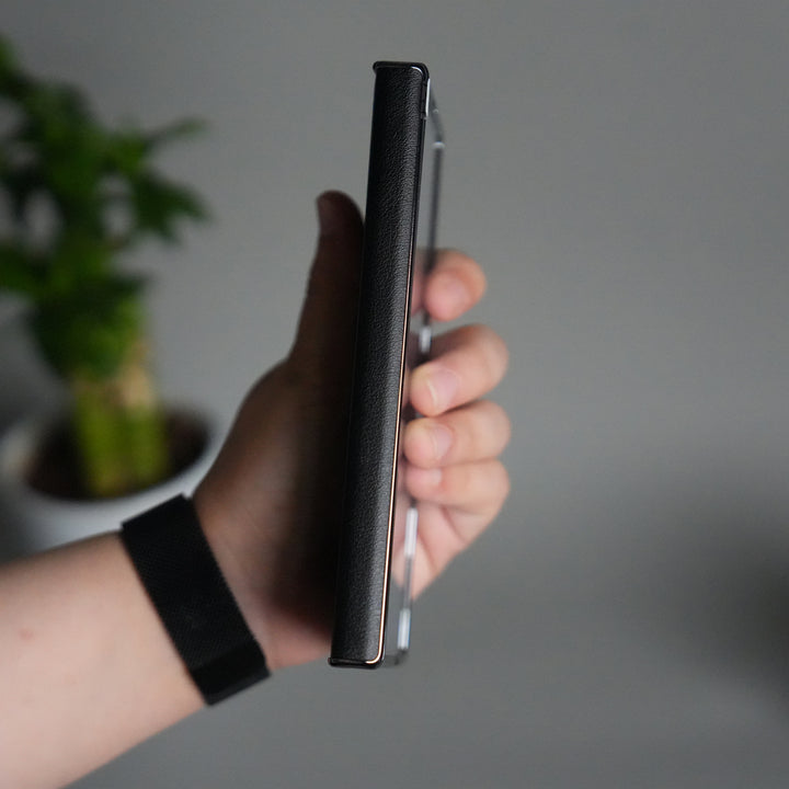 Galaxy Z Fold 7 Premium Leather Case | Front Glass | Silver Plated Camera Frame with Kickstand (Copy)