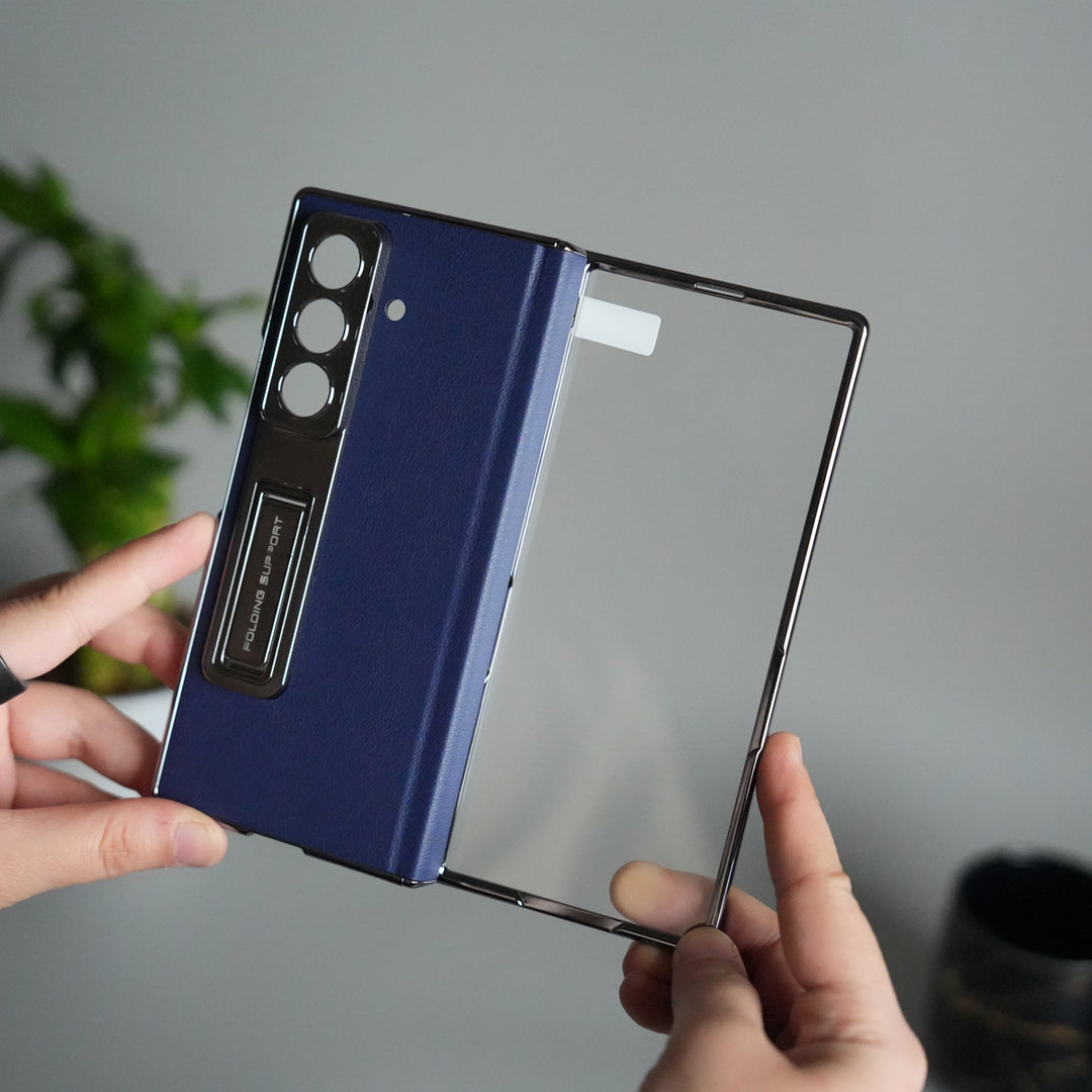 Galaxy Z Fold 7 Premium Leather Case | Front Glass | Silver Plated Camera Frame with Kickstand (Copy)