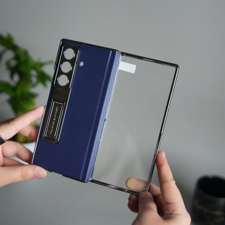 Galaxy Z Fold 7 Premium Leather Case | Front Glass | Silver Plated Camera Frame with Kickstand (Copy)