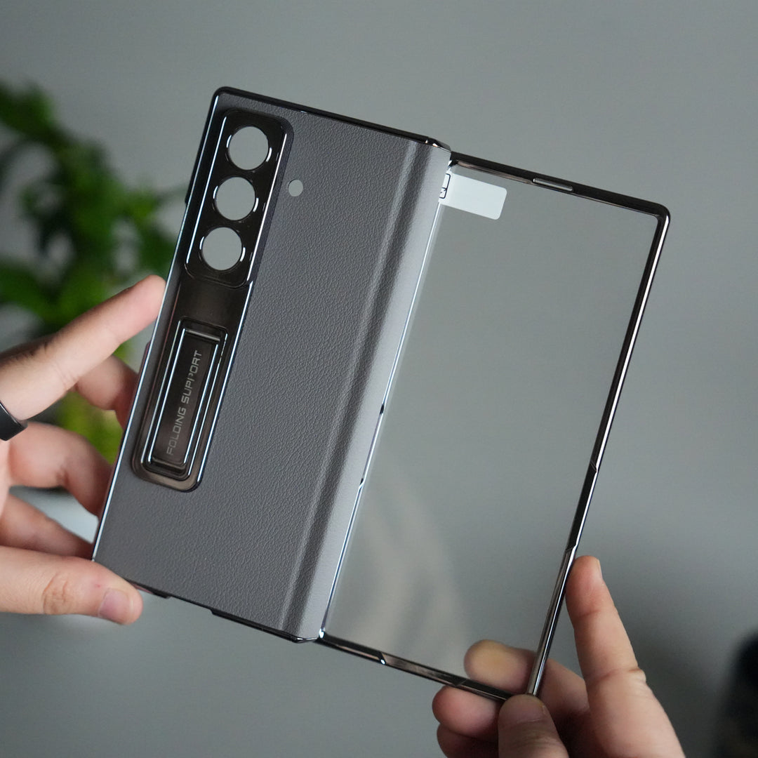 Galaxy Z Fold 7 Premium Leather Case | Front Glass | Silver Plated Camera Frame with Kickstand (Copy)