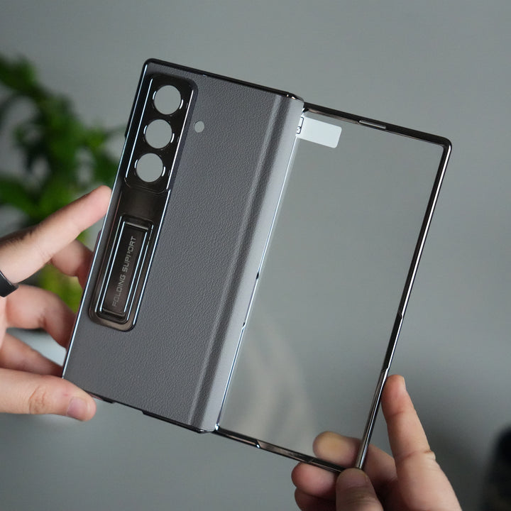 Galaxy Z Fold 7 Premium Leather Case | Front Glass | Silver Plated Camera Frame with Kickstand (Copy)