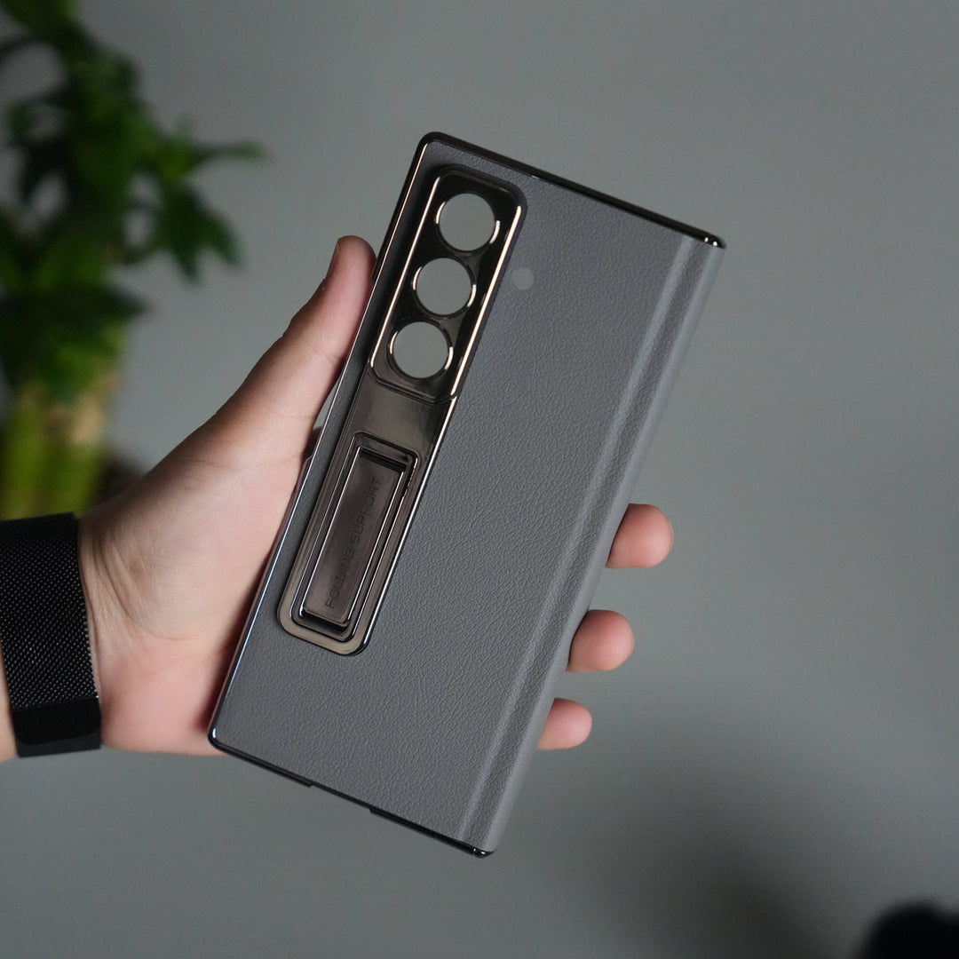 Galaxy Z Fold 7 Premium Leather Case | Front Glass | Silver Plated Camera Frame with Kickstand (Copy)