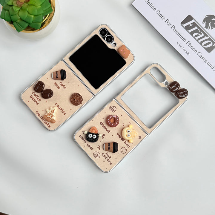 Samsung Galaxy Z Flip 6 Donut Wool Coal Coffee Teddy Cover With Charm Holder
